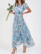 V-Neck Flutter Sleeve Floral Maxi Dress with Relaxed, Flowing Silhouette