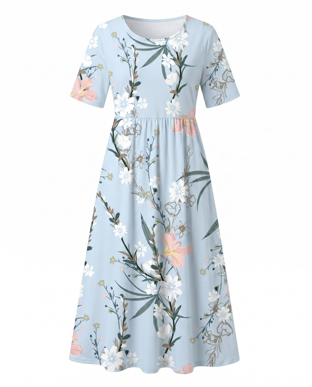 Floral A-Line Midi Dress with Short Sleeves and Gathered Silhouette