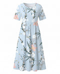 Floral A-Line Midi Dress with Short Sleeves and Gathered Silhouette
