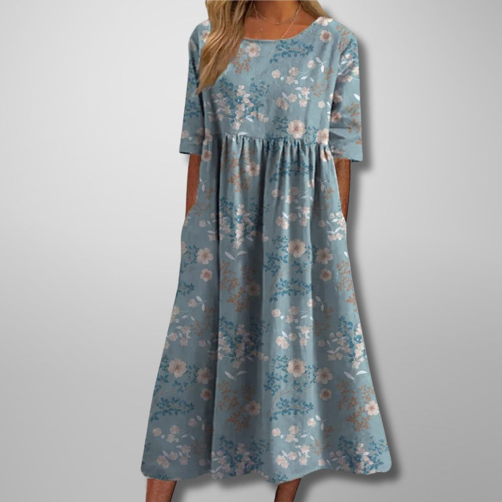 Floral Midi Dress with Three-Quarter Sleeves and Full Skirt for Women