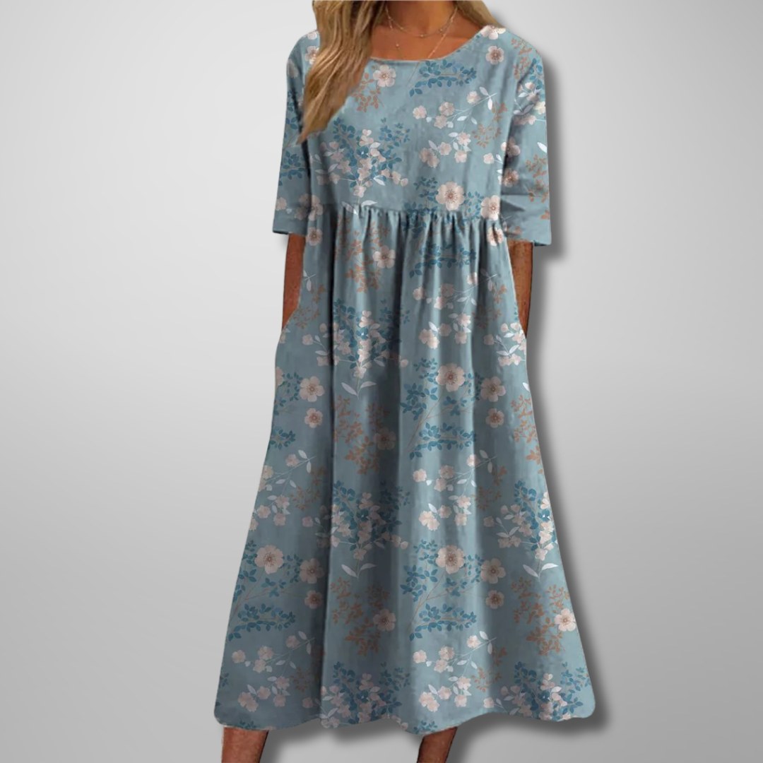 Floral Midi Dress with Three-Quarter Sleeves and Full Skirt for Women