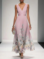 Sleeveless V-Neck Maxi Dress with Fading Floral Print for Women