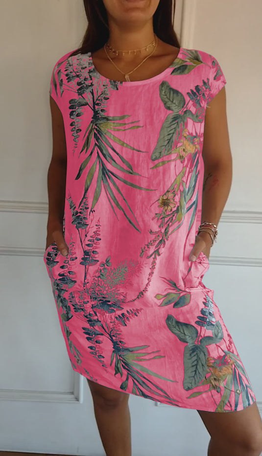 Floral Shift Dress with Short Sleeves, Knee-Length Hem and Side Pockets