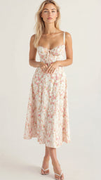 Floral Midi Dress with Sweetheart Neckline, Thin Straps and Side Slit