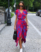 Floral V-neck Wrap Midi Dress with Short Sleeves for Women