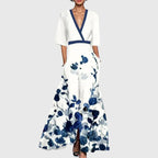 Floral Wrap Maxi Dress with Tie Waist, Deep V Neckline and Three-Quarter Sleeves