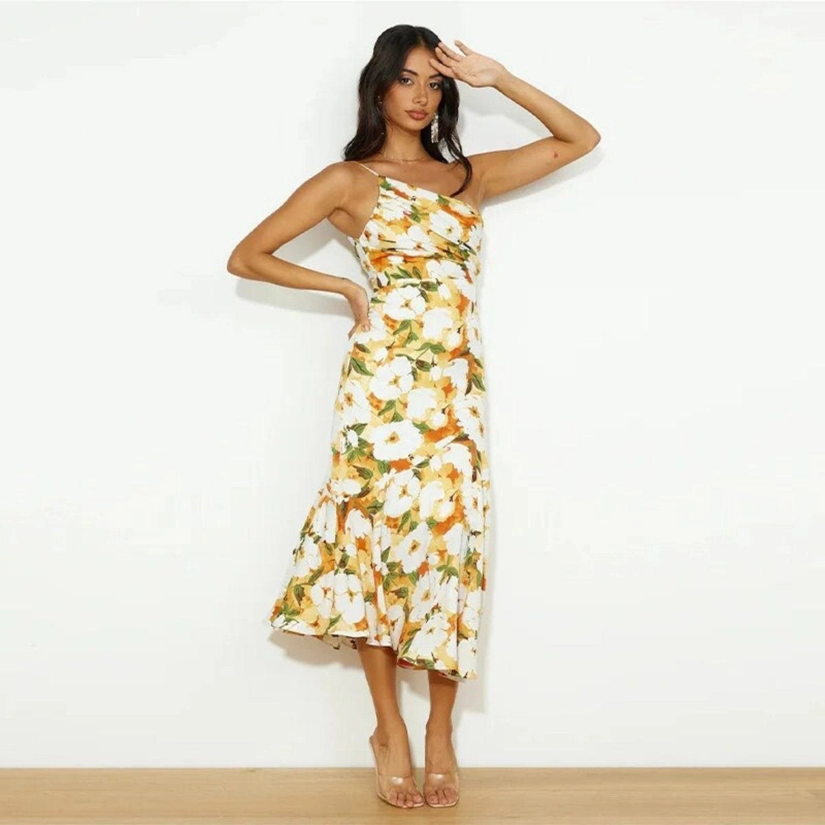 Floral One-Shoulder Draped Asymmetrical Maxi Dress for Women