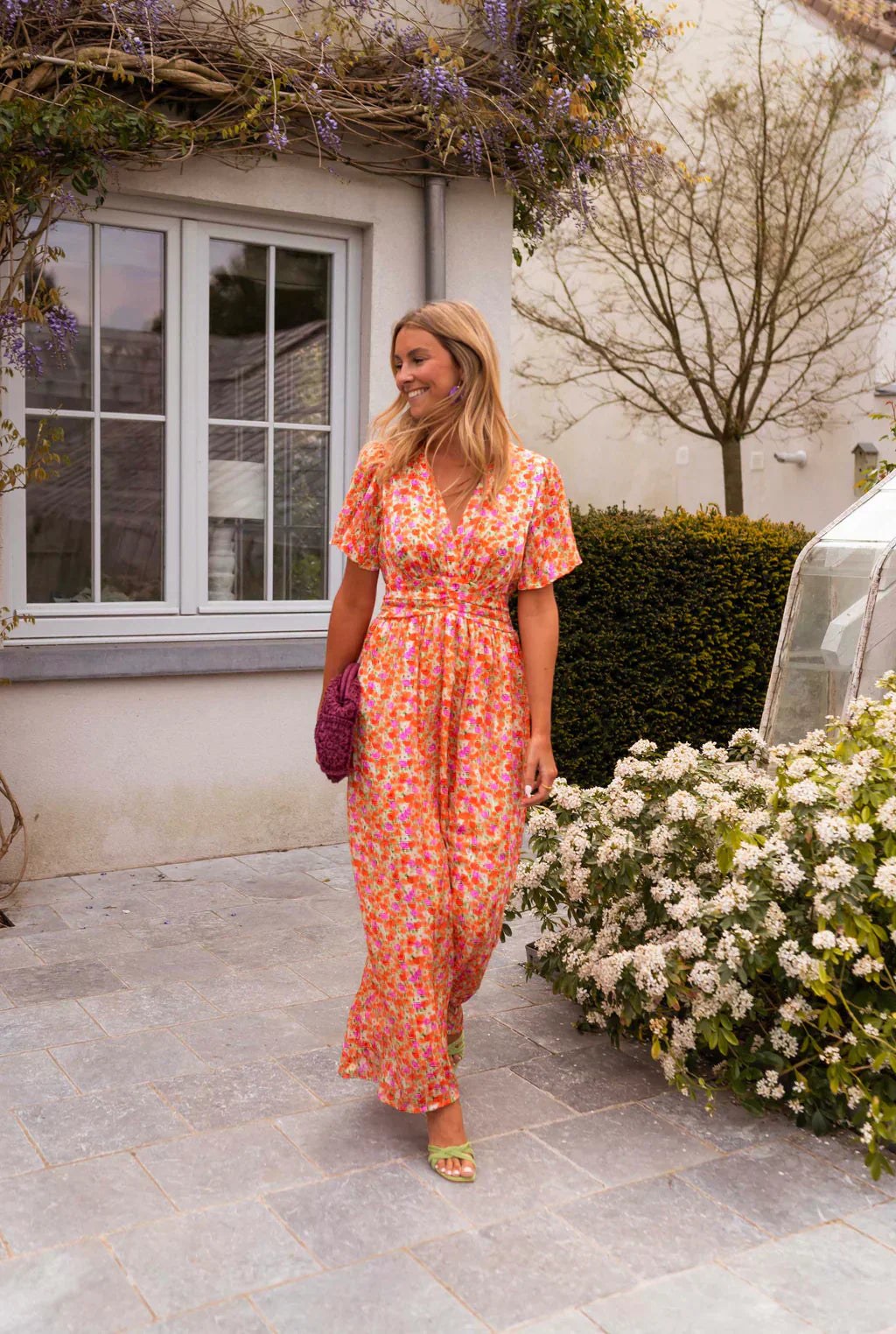 Floral Wrap Maxi Dress with V-Neck and Short Sleeves for Women