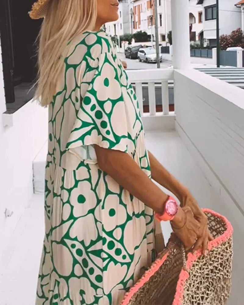 V-Neck Maxi Dress with Two-Tone Abstract Print and Short Sleeves