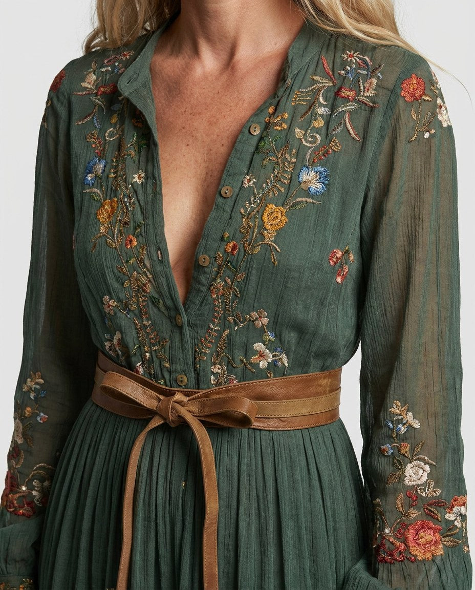 Embroidered Maxi Dress with Deep V-Neck, Long Sleeves and Tie Waist