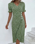 Floral Wrap Midi Dress with V-Neck, Button Front and Asymmetrical Hem