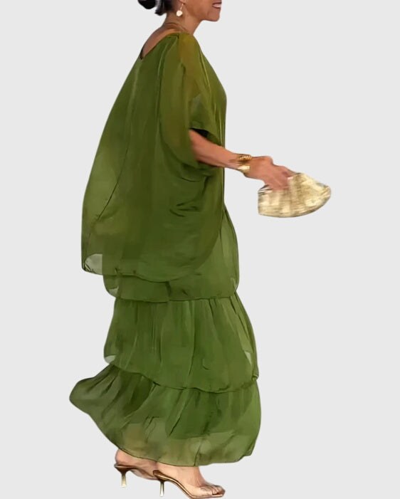 Tiered Maxi Dress with Relaxed Tunic Top and Three-Quarter Sleeves