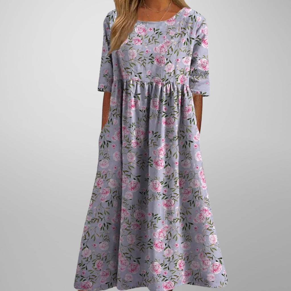 Floral Midi Dress with Three-Quarter Sleeves and Full Skirt for Women