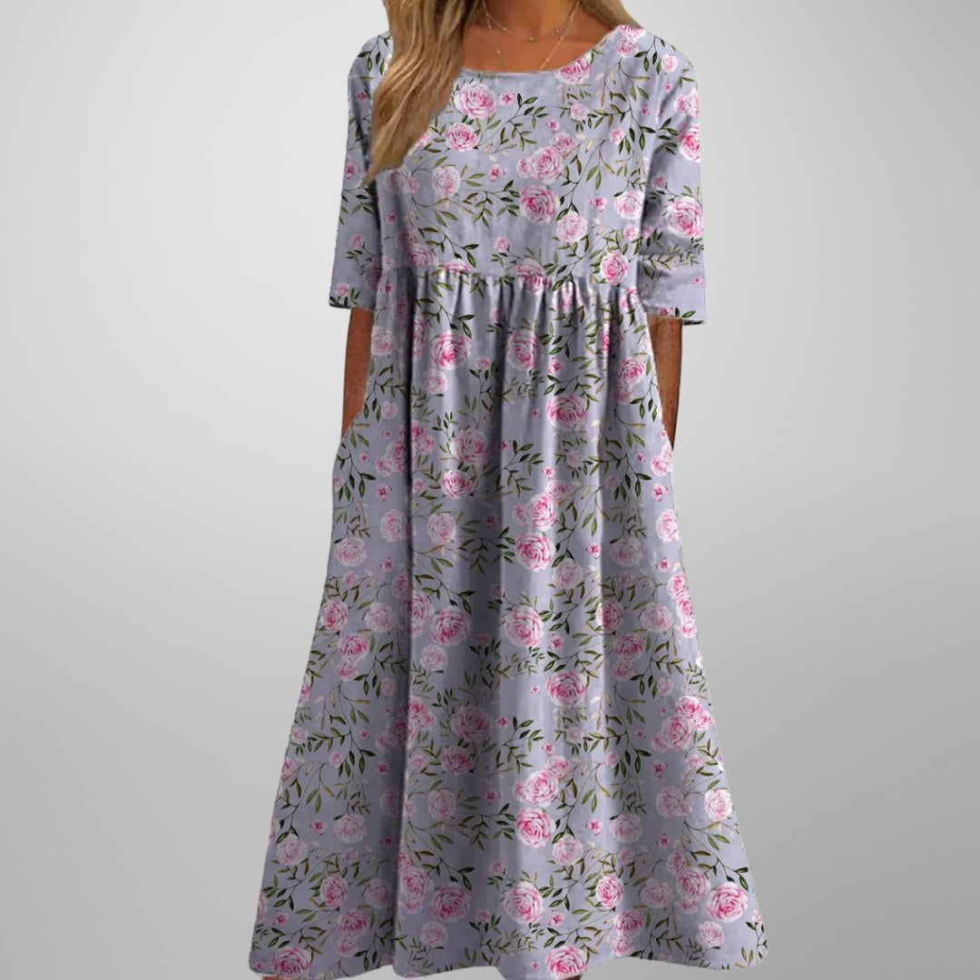 Floral Midi Dress with Three-Quarter Sleeves and Full Skirt for Women