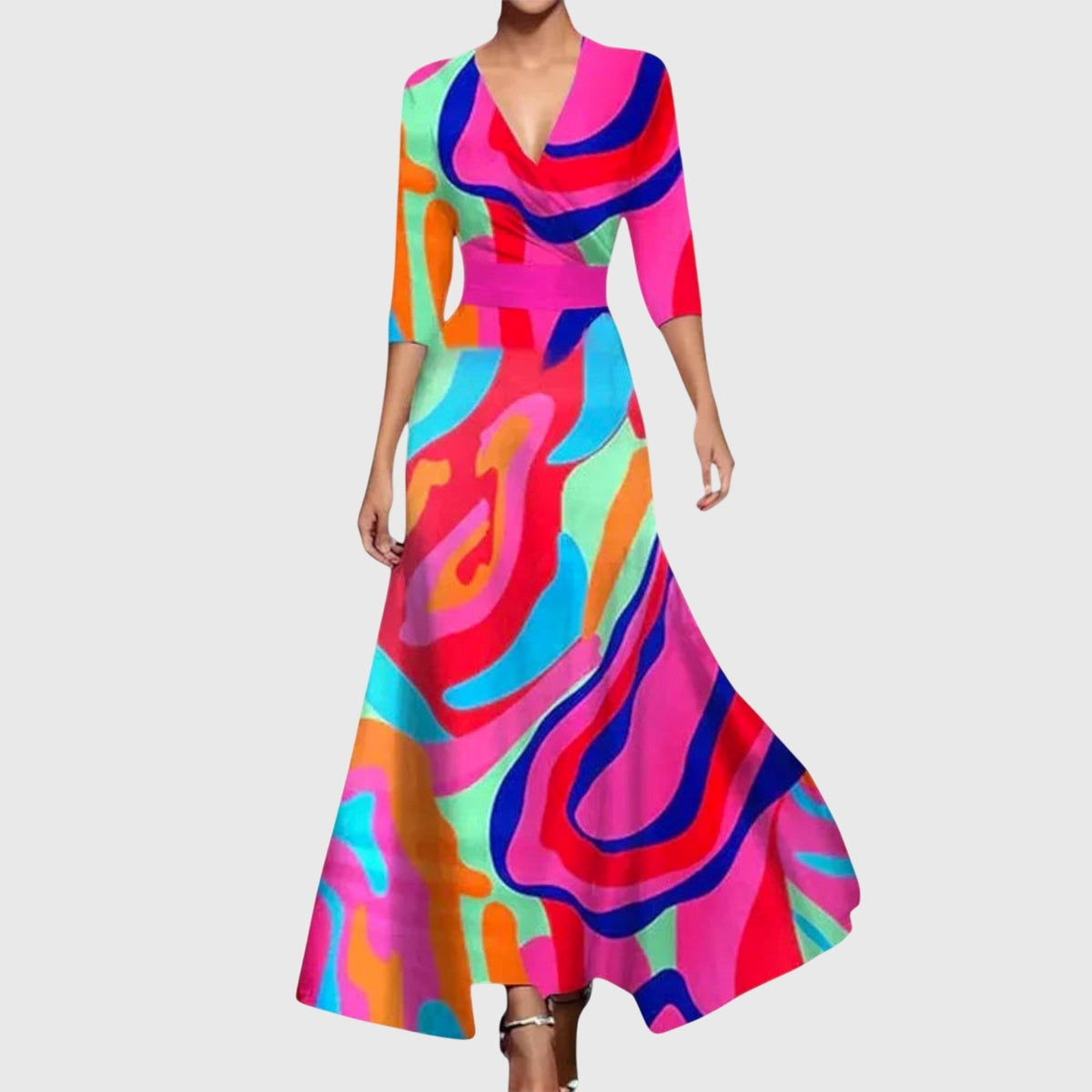Floral Wrap Maxi Dress with Tie Waist, Deep V Neckline and Three-Quarter Sleeves