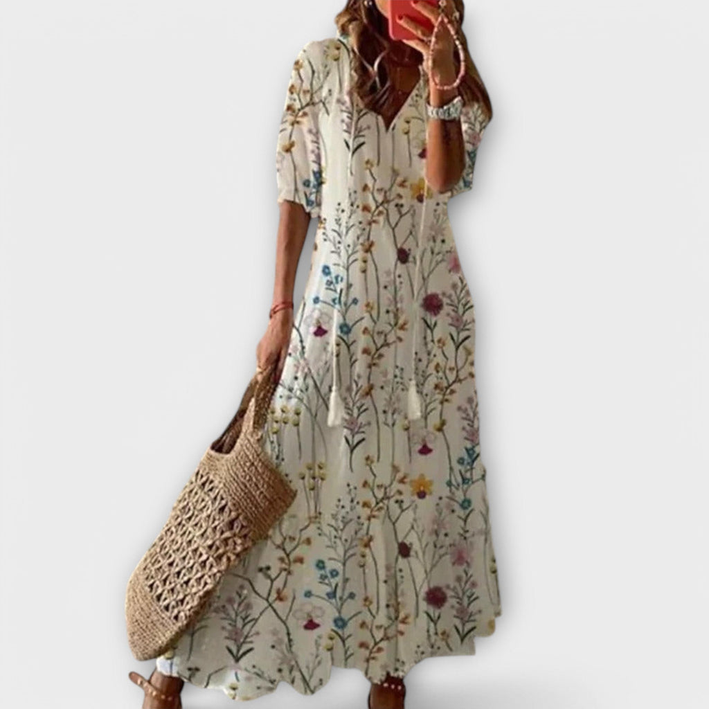 Ikat Maxi Dress with V-neck, Three-Quarter Sleeves and Raw Edges