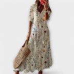 Ikat Maxi Dress with V-neck, Three-Quarter Sleeves and Raw Edges