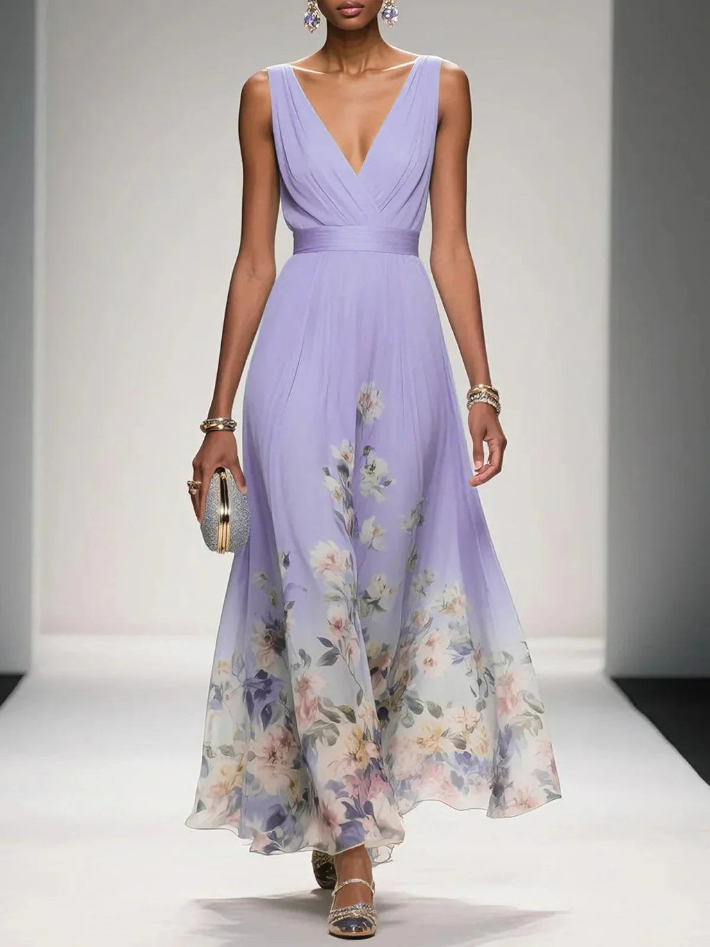 Sleeveless V-Neck Maxi Dress with Fading Floral Print for Women