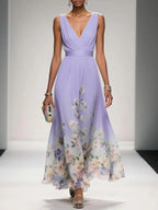 Sleeveless V-Neck Maxi Dress with Fading Floral Print for Women