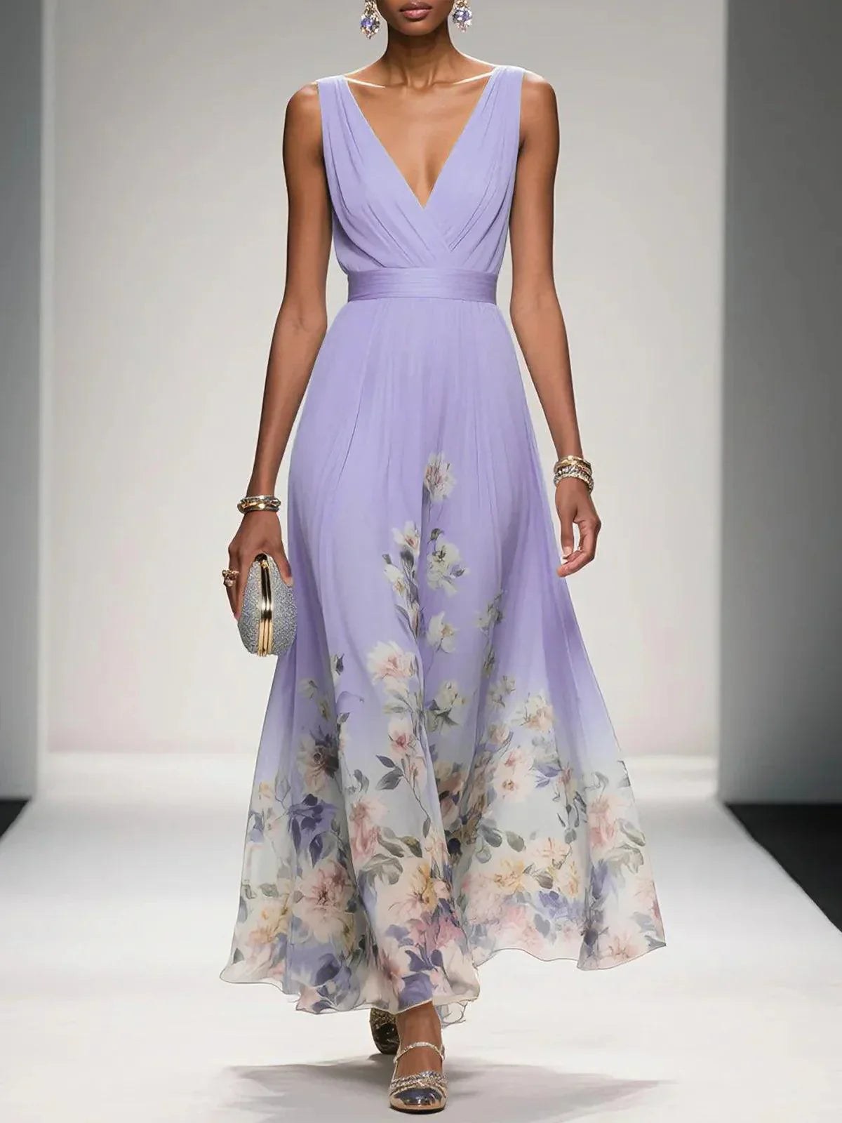Sleeveless V-Neck Maxi Dress with Fading Floral Print for Women