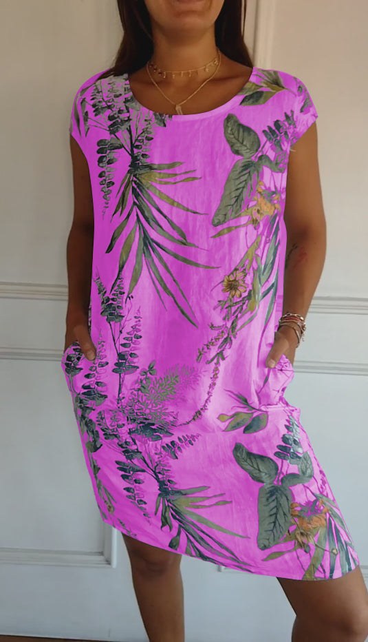 Floral Shift Dress with Short Sleeves, Knee-Length Hem and Side Pockets