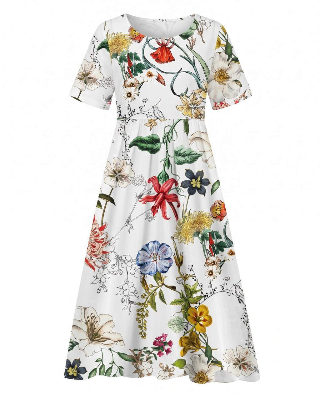 Floral A-Line Midi Dress with Short Sleeves and Gathered Silhouette