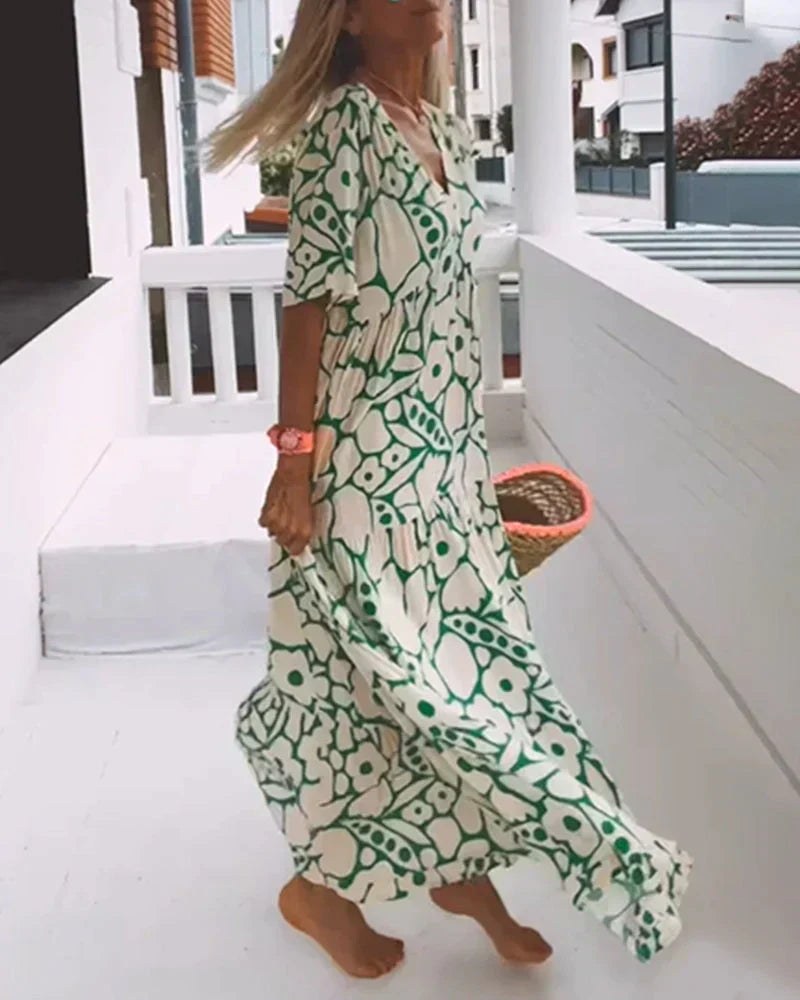 V-Neck Maxi Dress with Two-Tone Abstract Print and Short Sleeves