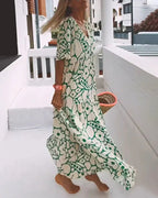V-Neck Maxi Dress with Two-Tone Abstract Print and Short Sleeves