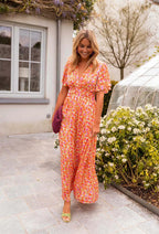 Floral Wrap Maxi Dress with V-Neck and Short Sleeves for Women