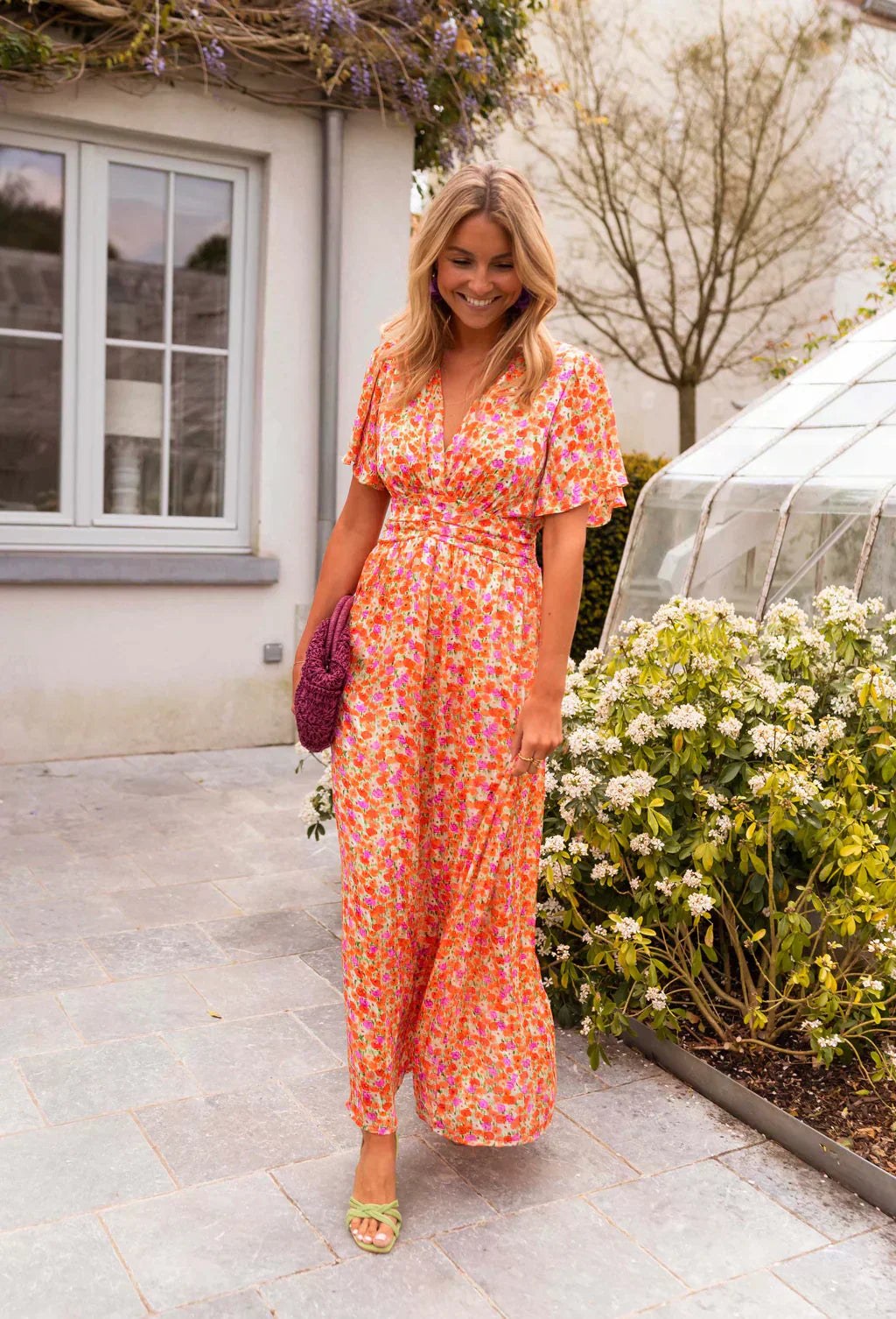 Floral Wrap Maxi Dress with V-Neck and Short Sleeves for Women