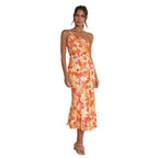 Floral One-Shoulder Draped Asymmetrical Maxi Dress for Women