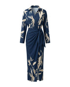 Wrap Maxi Dress with Leaf Print and Three-Quarter Sleeves