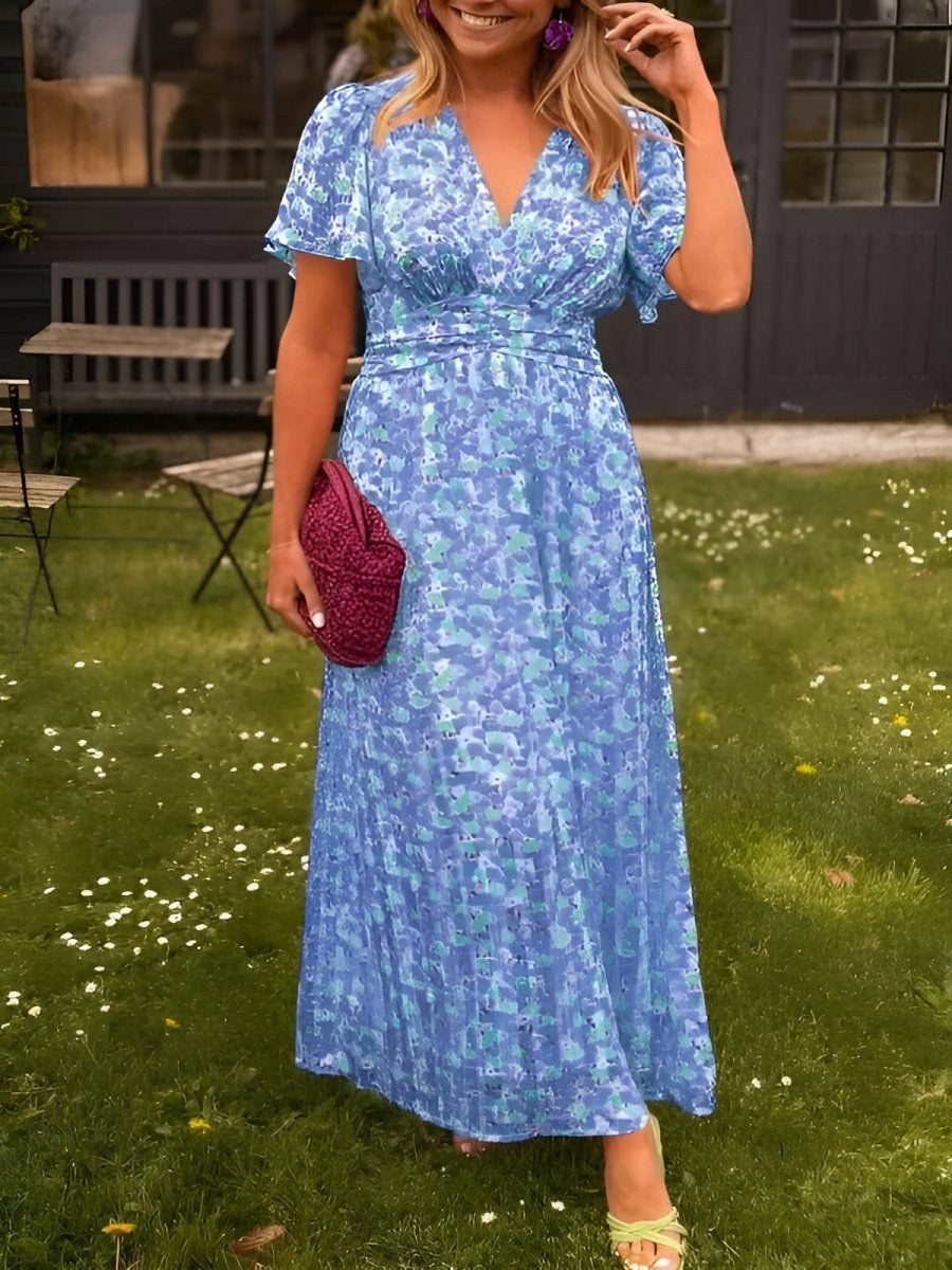Floral Wrap Maxi Dress with V-Neck and Short Sleeves for Women