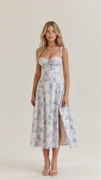 Floral Midi Dress with Sweetheart Neckline, Thin Straps and Side Slit