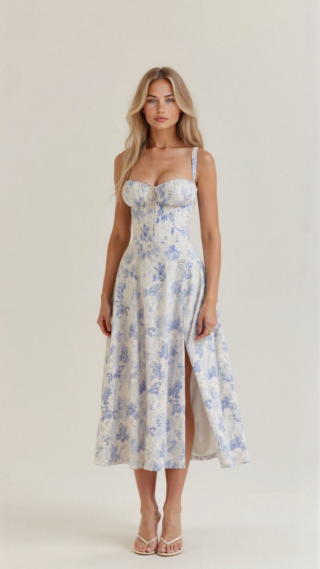 Floral Midi Dress with Sweetheart Neckline, Thin Straps and Side Slit