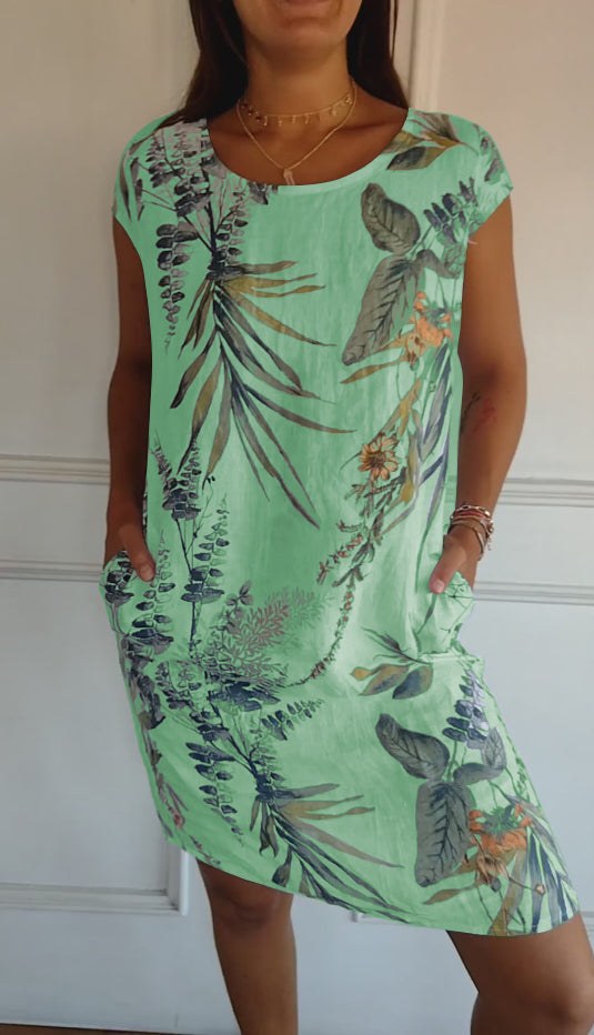 Floral Shift Dress with Short Sleeves, Knee-Length Hem and Side Pockets