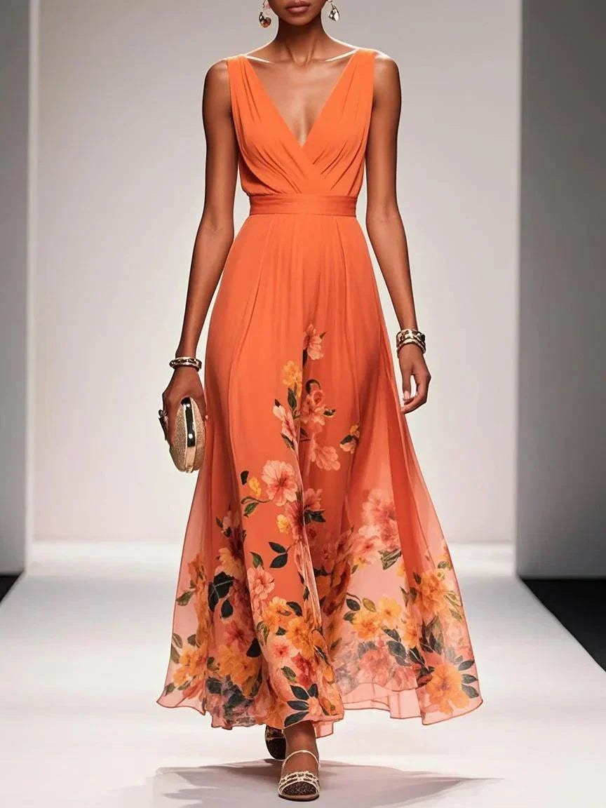 Sleeveless V-Neck Maxi Dress with Fading Floral Print for Women