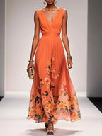 Sleeveless V-Neck Maxi Dress with Fading Floral Print for Women