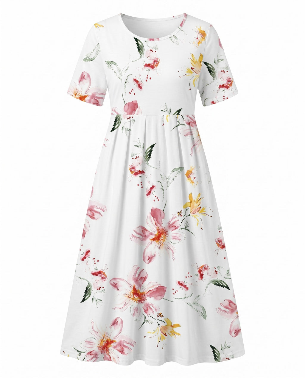 Floral A-Line Midi Dress with Short Sleeves and Gathered Silhouette