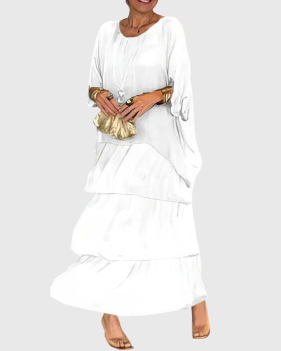 Tiered Maxi Dress with Relaxed Tunic Top and Three-Quarter Sleeves