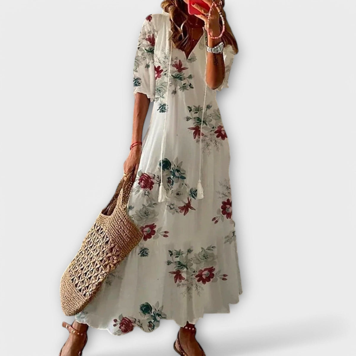 Ikat Maxi Dress with V-neck, Three-Quarter Sleeves and Raw Edges