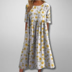Floral Midi Dress with Three-Quarter Sleeves and Full Skirt for Women