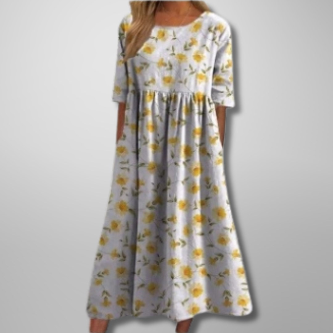Floral Midi Dress with Three-Quarter Sleeves and Full Skirt for Women