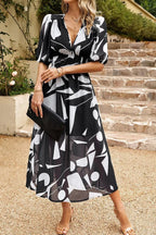 V-Neck Puff Sleeve Midi Dress with Floral Print and Gathered Waist for Women