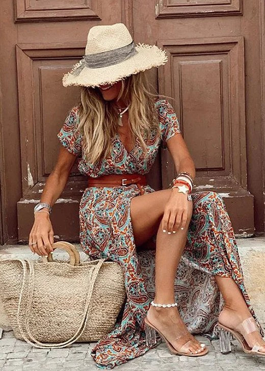 Floral Maxi Dress with Short Sleeves and Belted Cropped Top