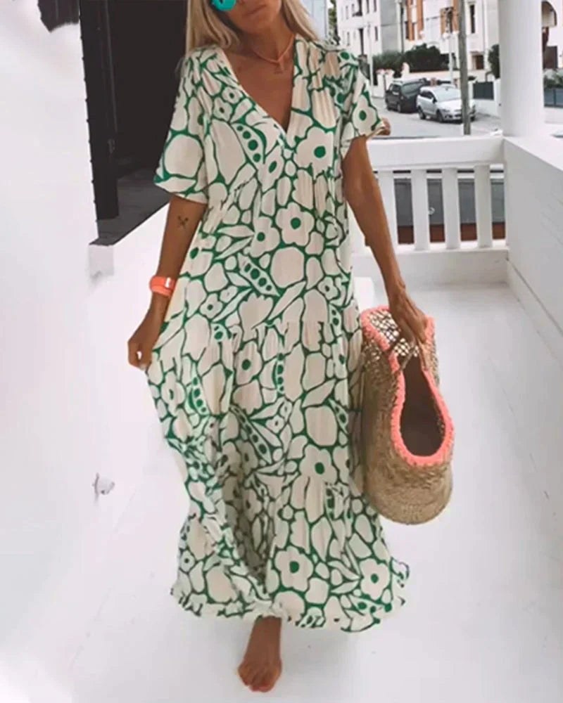 V-Neck Maxi Dress with Two-Tone Abstract Print and Short Sleeves