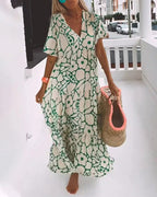 V-Neck Maxi Dress with Two-Tone Abstract Print and Short Sleeves