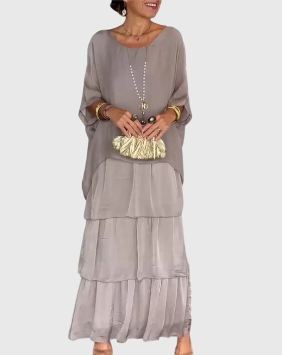 Tiered Maxi Dress with Relaxed Tunic Top and Three-Quarter Sleeves