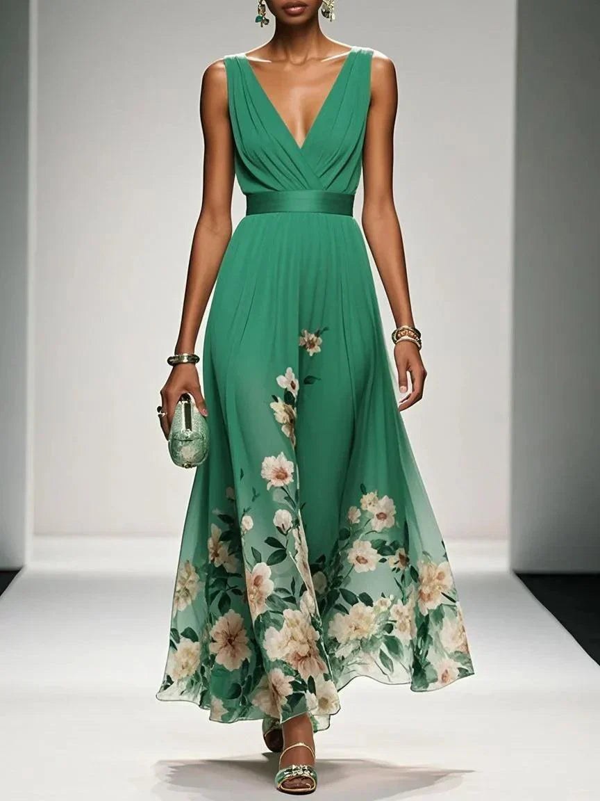 Sleeveless V-Neck Maxi Dress with Fading Floral Print for Women