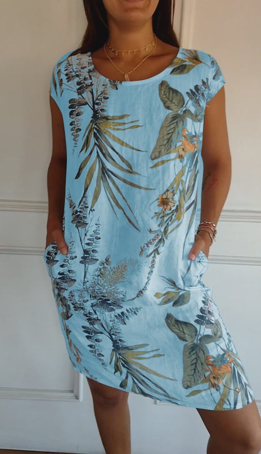 Floral Shift Dress with Short Sleeves, Knee-Length Hem and Side Pockets